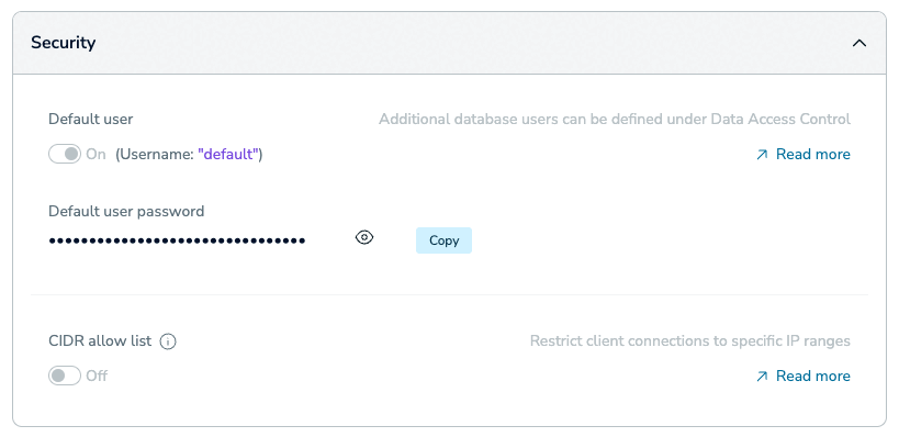The Security section of the Configuration tab of the database details page.